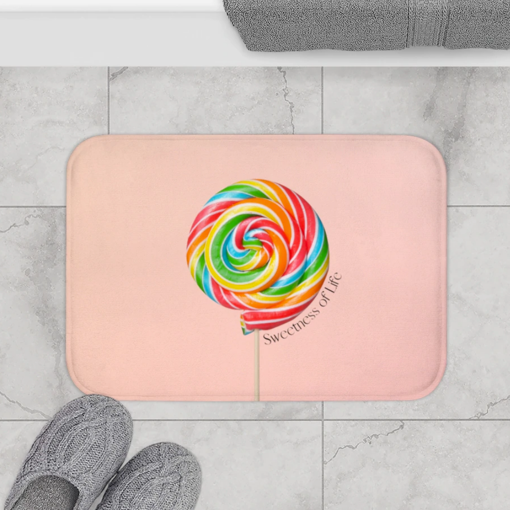 Lollipop Sweetness of Life Message Bath Mat with vibrant colors and playful design, featuring anti-slip backing and soft microfiber material.