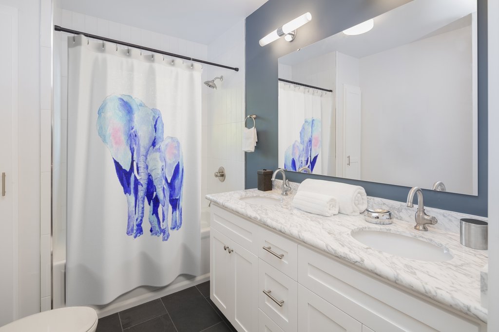Elegant shower curtain featuring a mother and baby elephant design, symbolizing good luck and family, made from durable polyester.