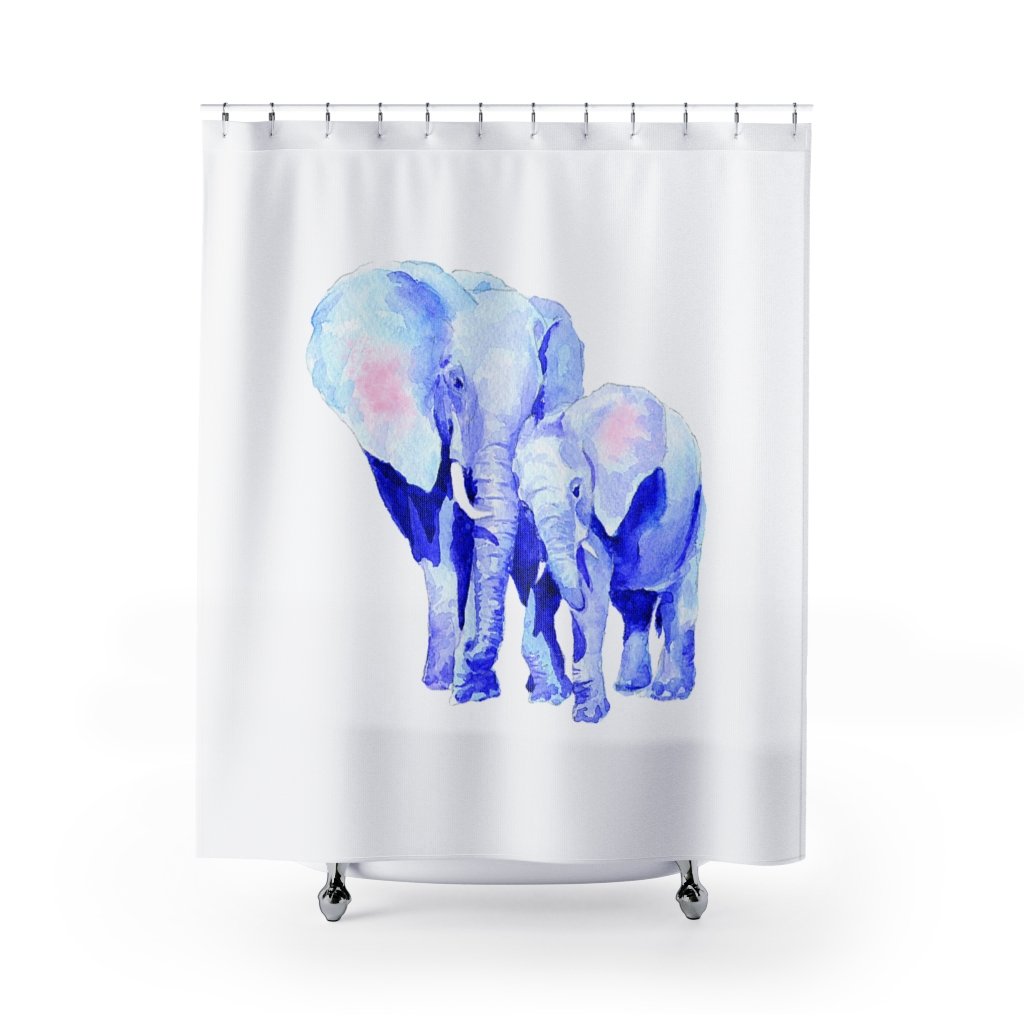 Elegant shower curtain featuring a mother and baby elephant design, symbolizing good luck and family, made from durable polyester.