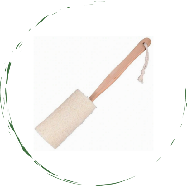 Natural Loofah Bath Brush with long wooden handle, eco-friendly and biodegradable, perfect for exfoliating skin.