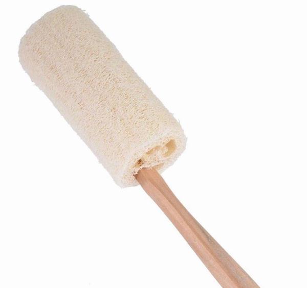 Natural Loofah Bath Brush with long wooden handle, eco-friendly and biodegradable, perfect for exfoliating skin.