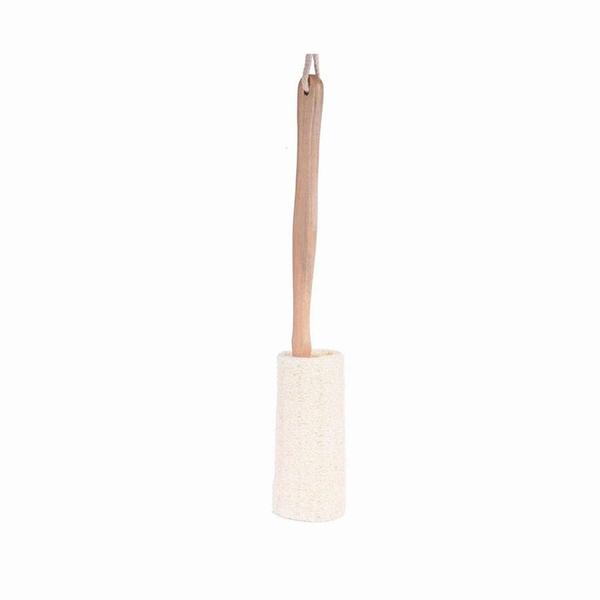 Natural Loofah Bath Brush with long wooden handle, eco-friendly and biodegradable, perfect for exfoliating skin.