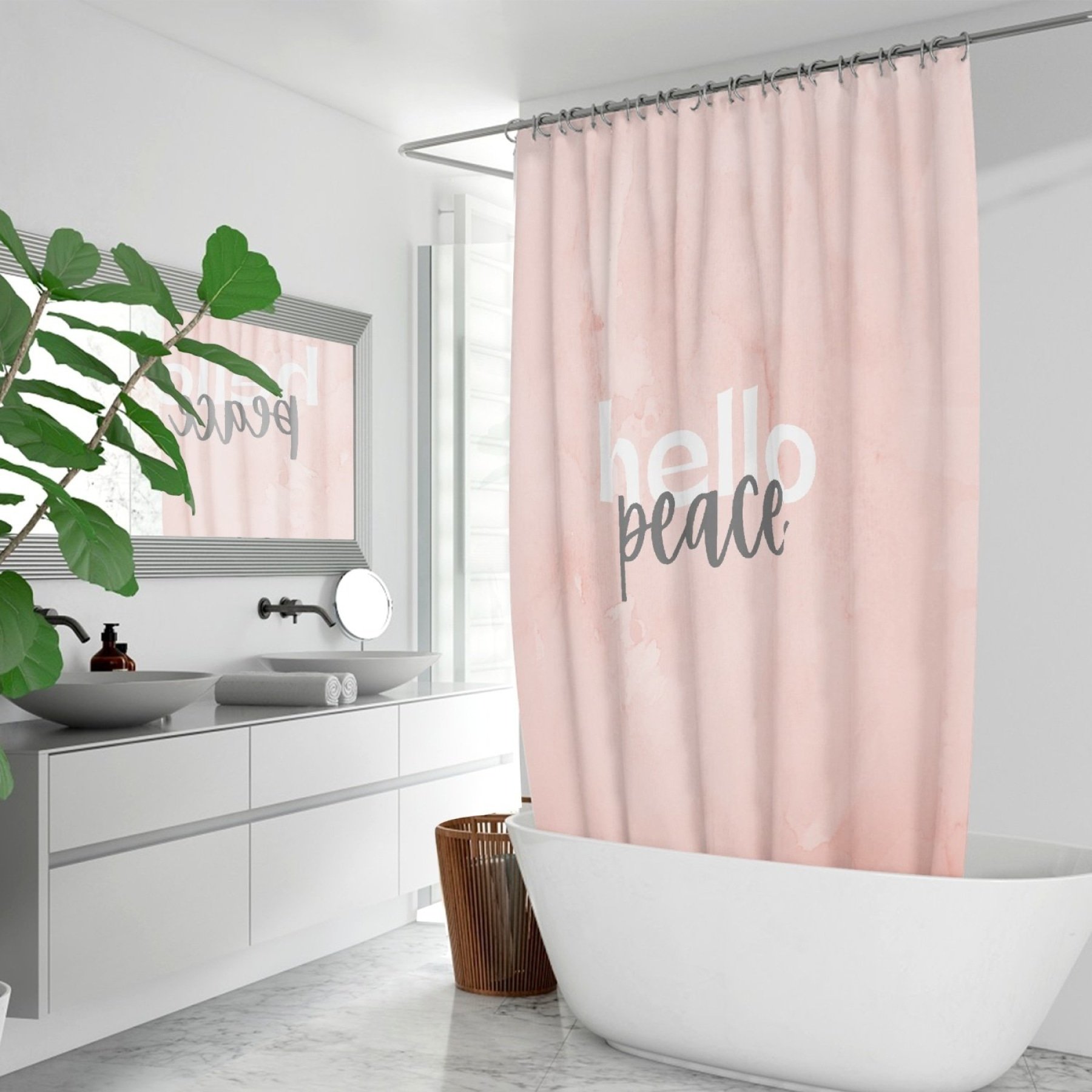Peach Marble Hello Peace Graphic Style Quick-Drying Fabric Shower Curtain hanging in a stylish bathroom, showcasing its elegant design and vibrant colors.