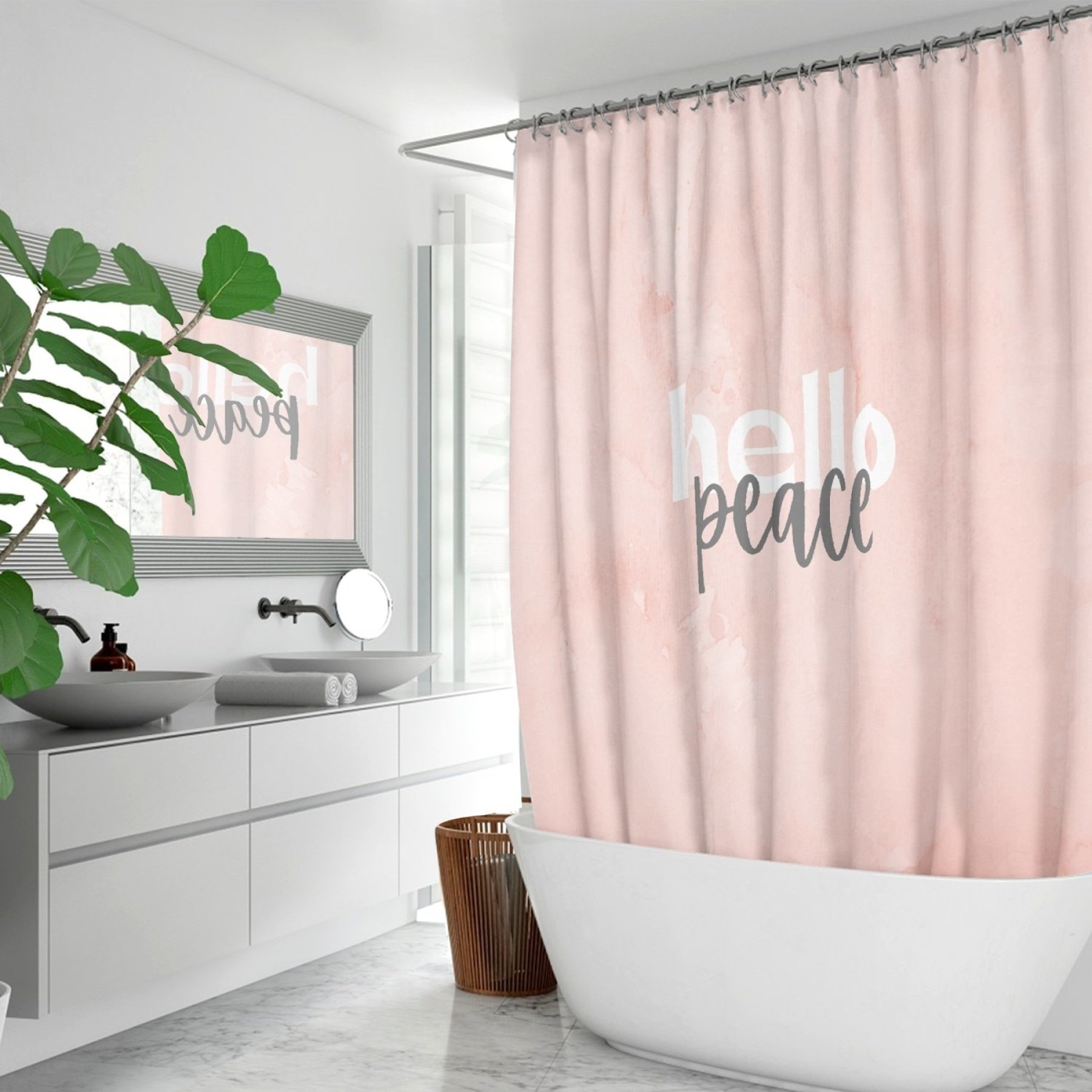 Peach Marble Hello Peace Graphic Style Quick-Drying Fabric Shower Curtain hanging in a stylish bathroom, showcasing its elegant design and vibrant colors.