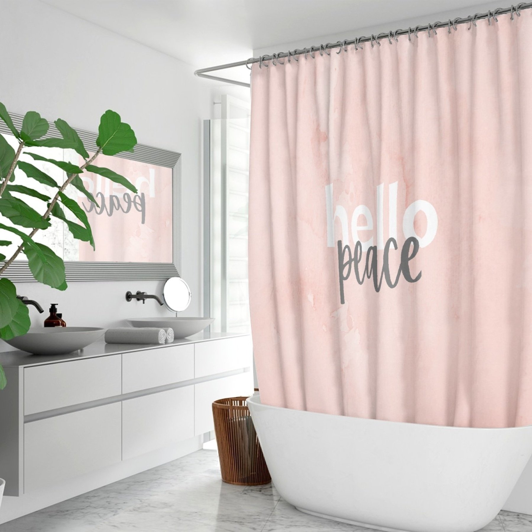 Peach Marble Hello Peace Graphic Style Quick-Drying Fabric Shower Curtain hanging in a stylish bathroom, showcasing its elegant design and vibrant colors.