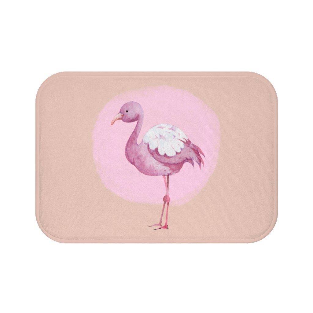 A vibrant Pink Flamingo Bath Mat featuring a playful flamingo design, made from soft microfiber with anti-slip backing for safety.
