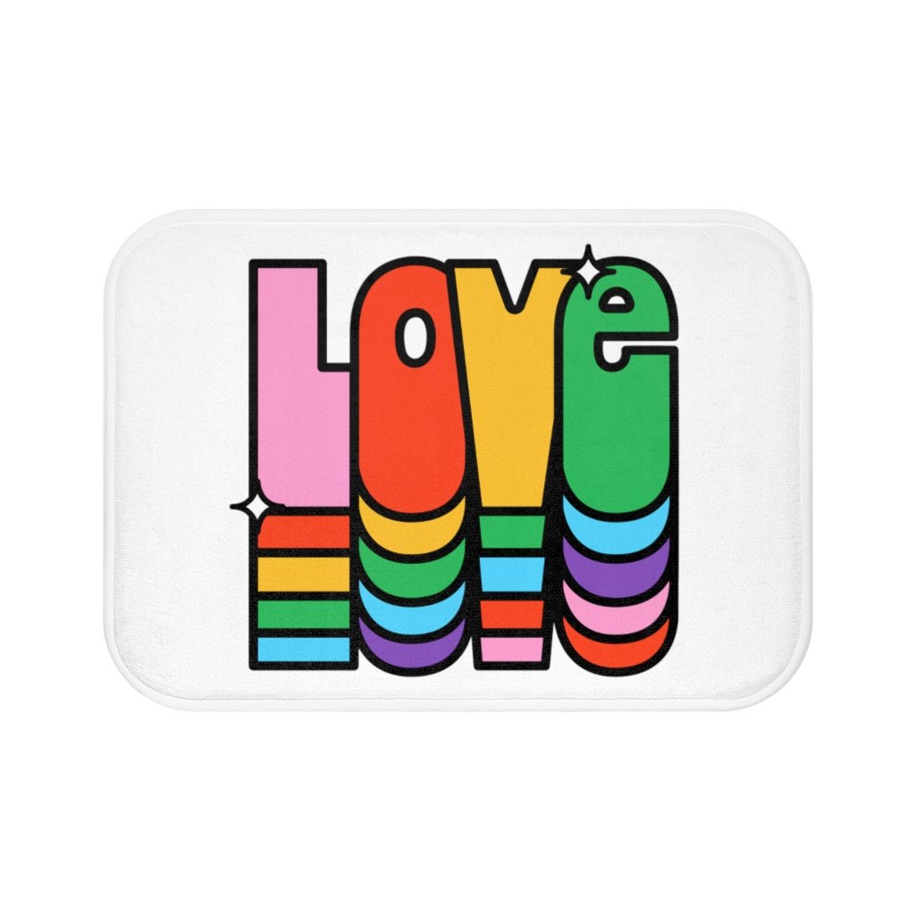 Rainbow Love Bath Mat featuring vibrant colors and anti-slip backing, perfect for bathroom safety and style.