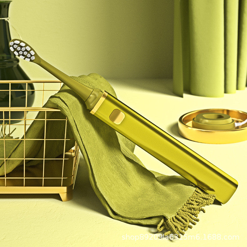 Rechargeable waterproof sonic electric toothbrush in various colors with two brush heads and a dust cover.