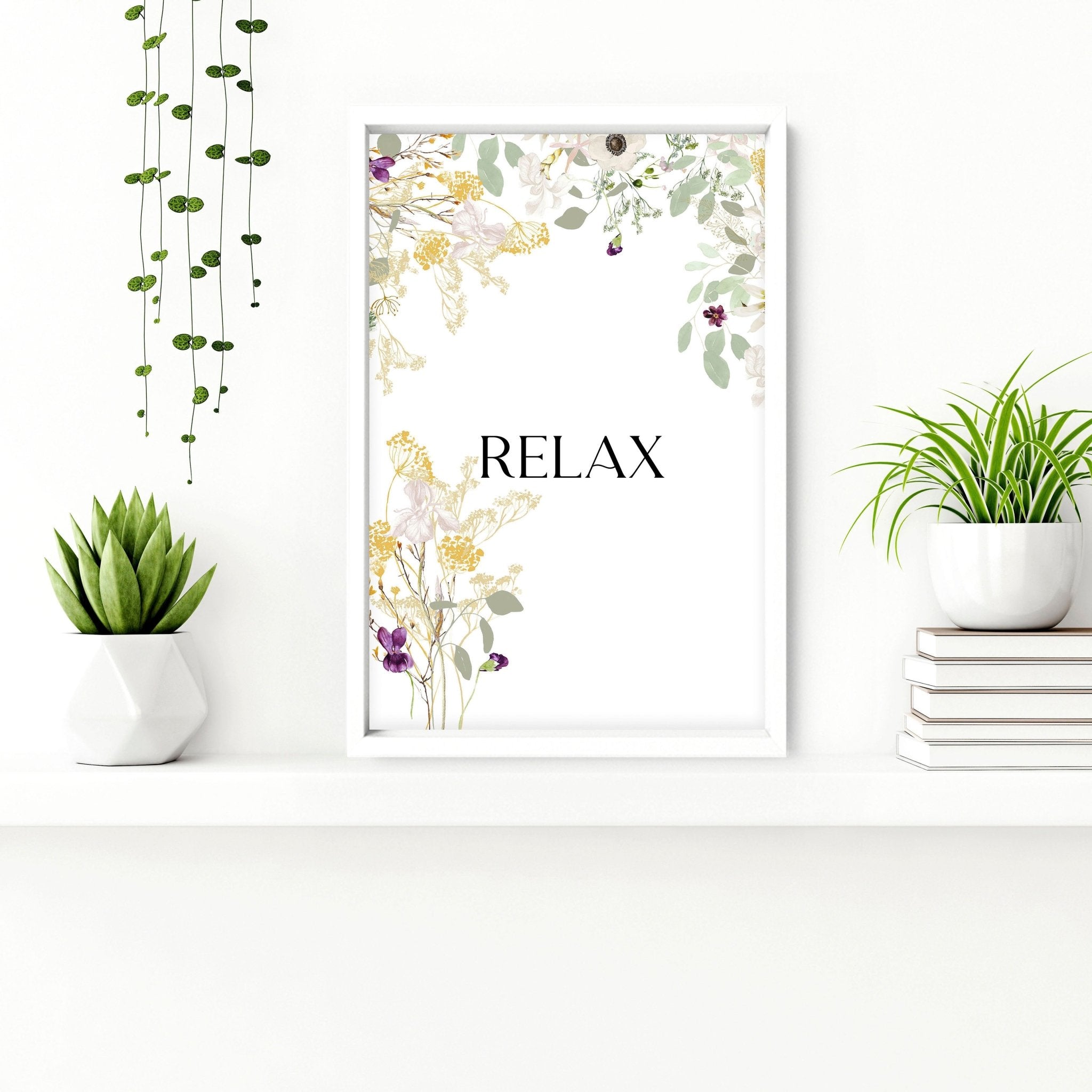 Set of 3 Relax Soak Unwind wall art prints featuring serene designs in Smooth Colours palette, perfect for bathroom decor.