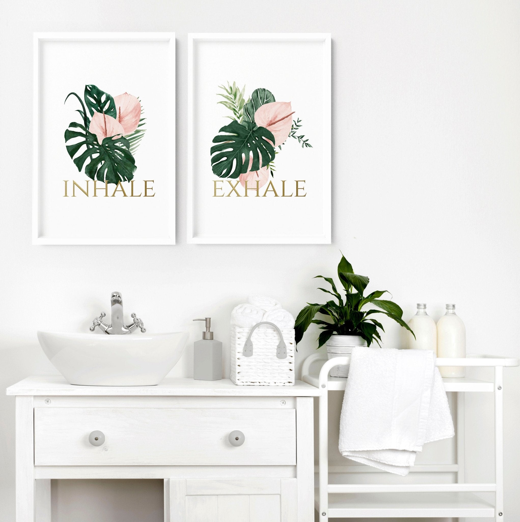 Set of 2 Relaxation Wall Art prints featuring tropical motifs with monstera leaves and pink flowers, designed for bathroom decor.