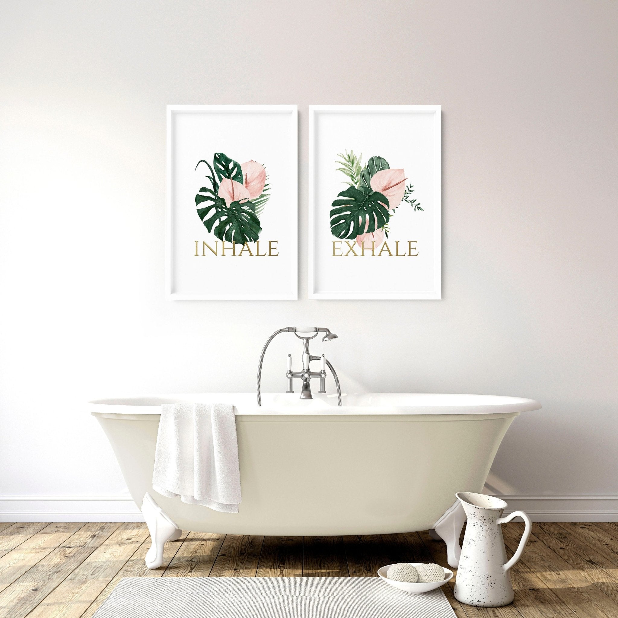 Set of 2 Relaxation Wall Art prints featuring tropical motifs with monstera leaves and pink flowers, designed for bathroom decor.