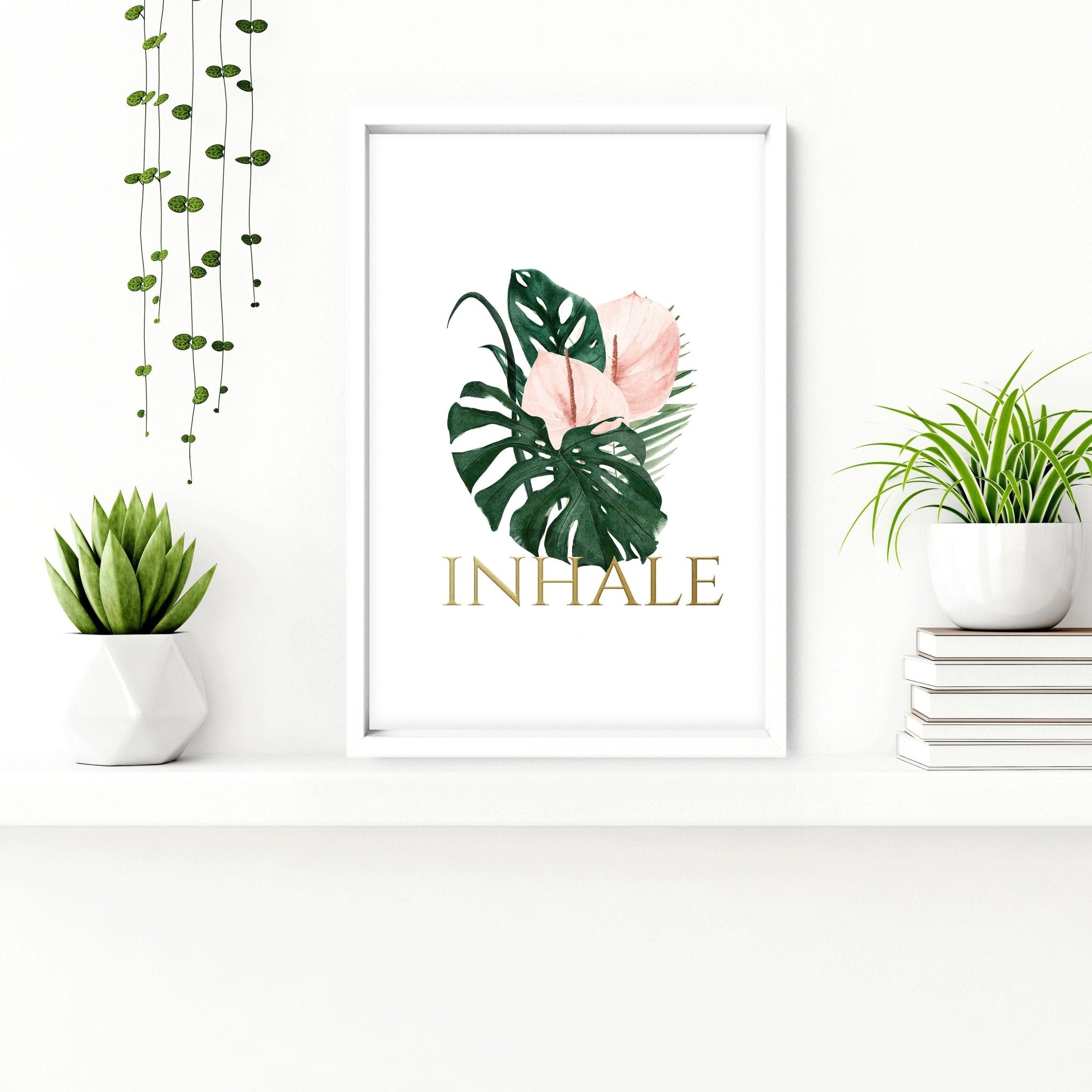Set of 2 Relaxation Wall Art prints featuring tropical motifs with monstera leaves and pink flowers, designed for bathroom decor.