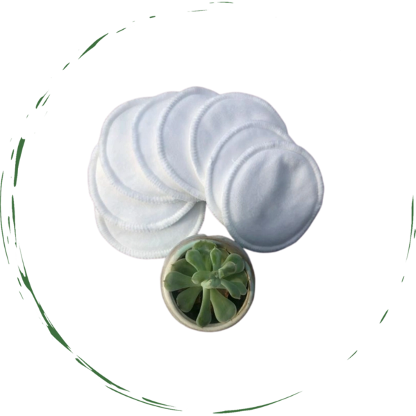 A pack of five reusable facial round pads made from bamboo cotton, displayed with a drawstring laundry bag, showcasing their eco-friendly design.