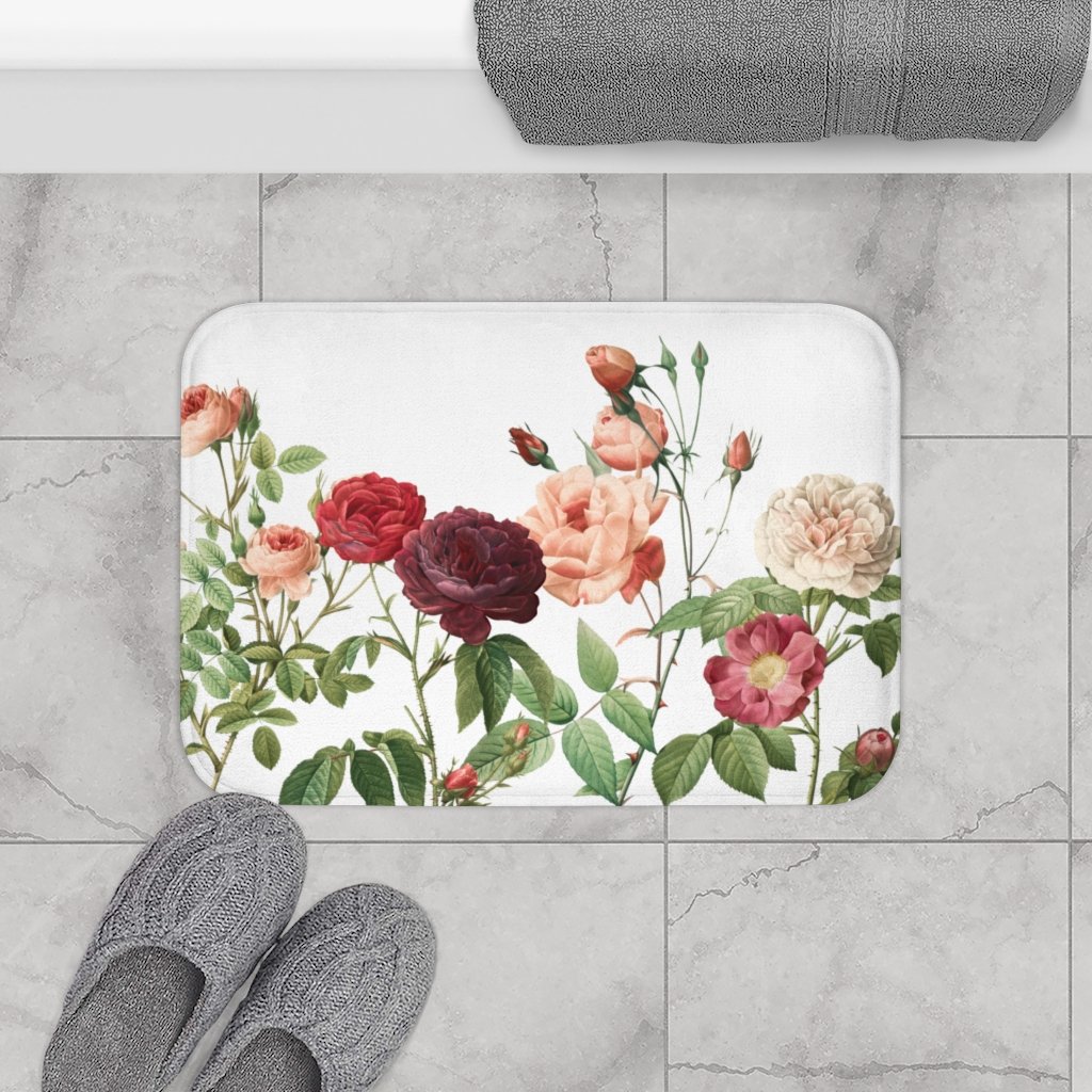 Rose Garden Bath Mat featuring floral design and anti-slip backing, perfect for bathroom decor.