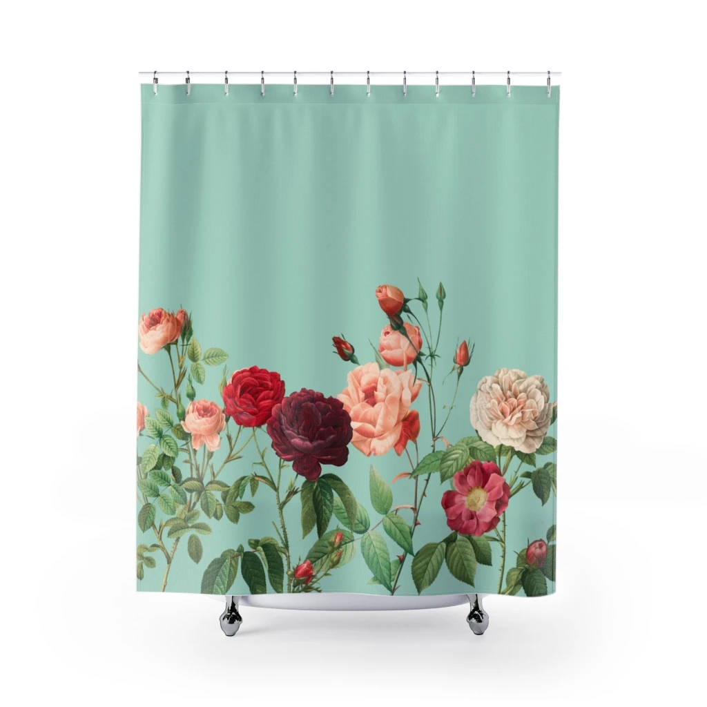 Rose Garden in Teal Shower Curtain featuring vibrant teal background and intricate rose designs, perfect for home decor.