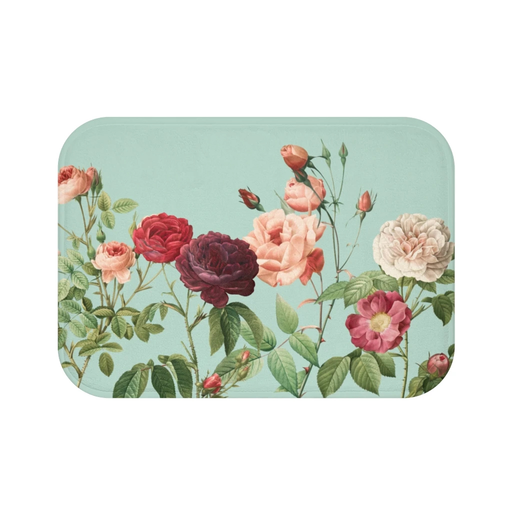 Rose Garden Teal Bath Mat featuring floral design and anti-slip backing, perfect for bathroom decor.