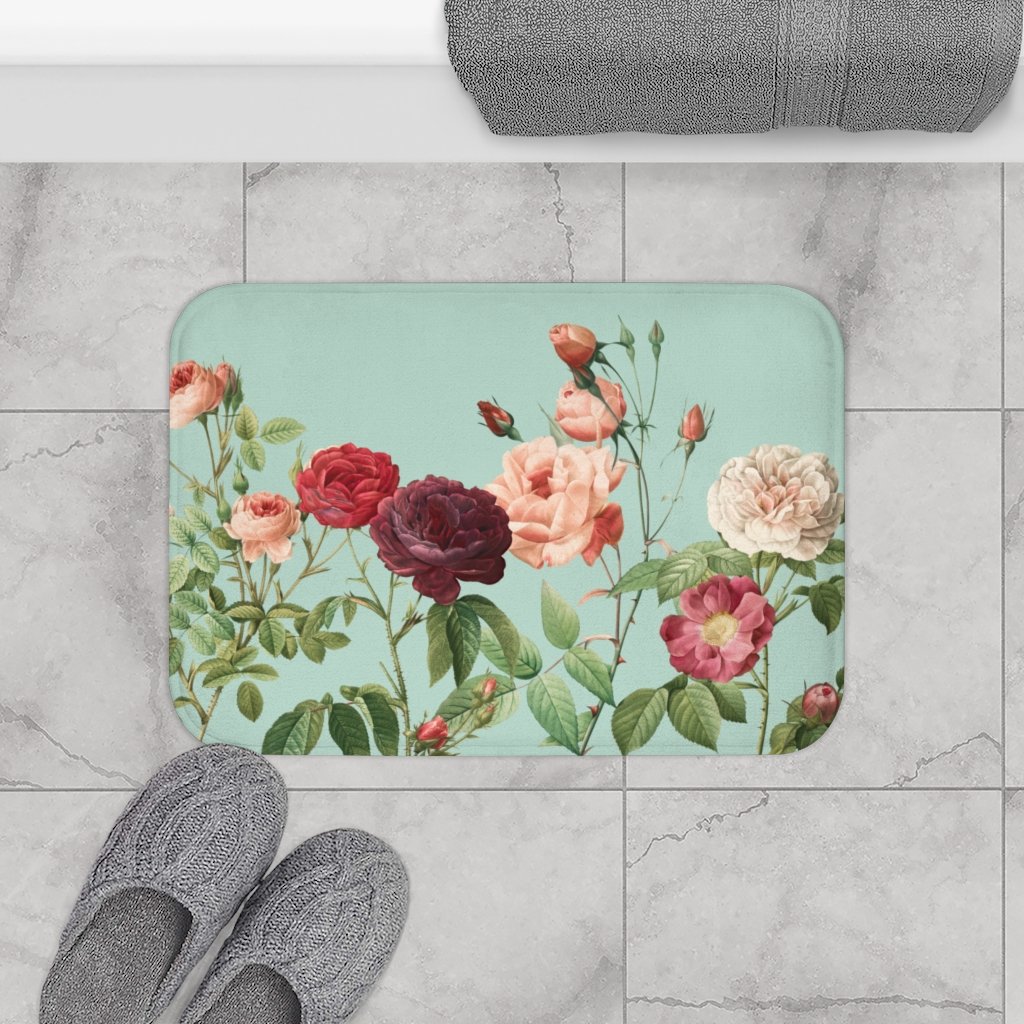 Rose Garden Teal Bath Mat featuring floral design and anti-slip backing, perfect for bathroom decor.