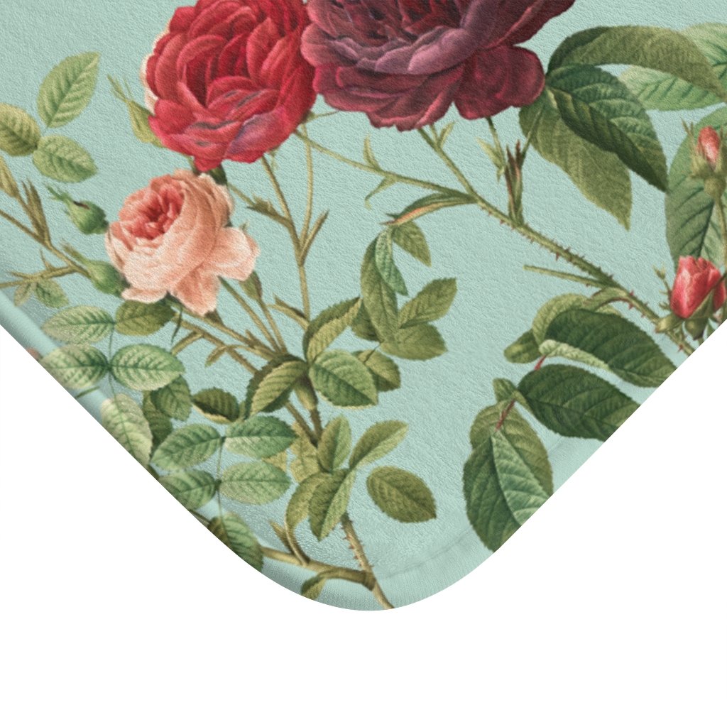 Rose Garden Teal Bath Mat featuring floral design and anti-slip backing, perfect for bathroom decor.