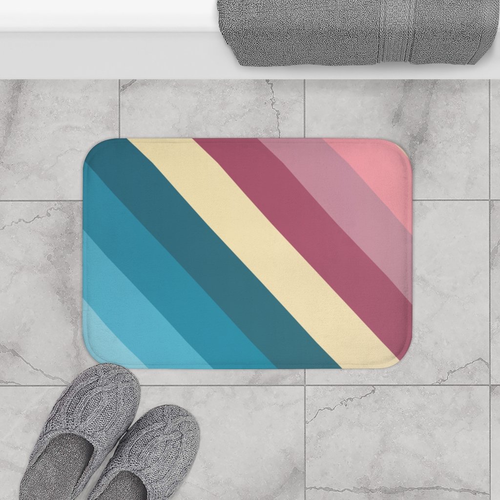 Striped bath mat with anti-slip backing, showcasing a stylish design and plush microfiber texture, perfect for bathroom decor.