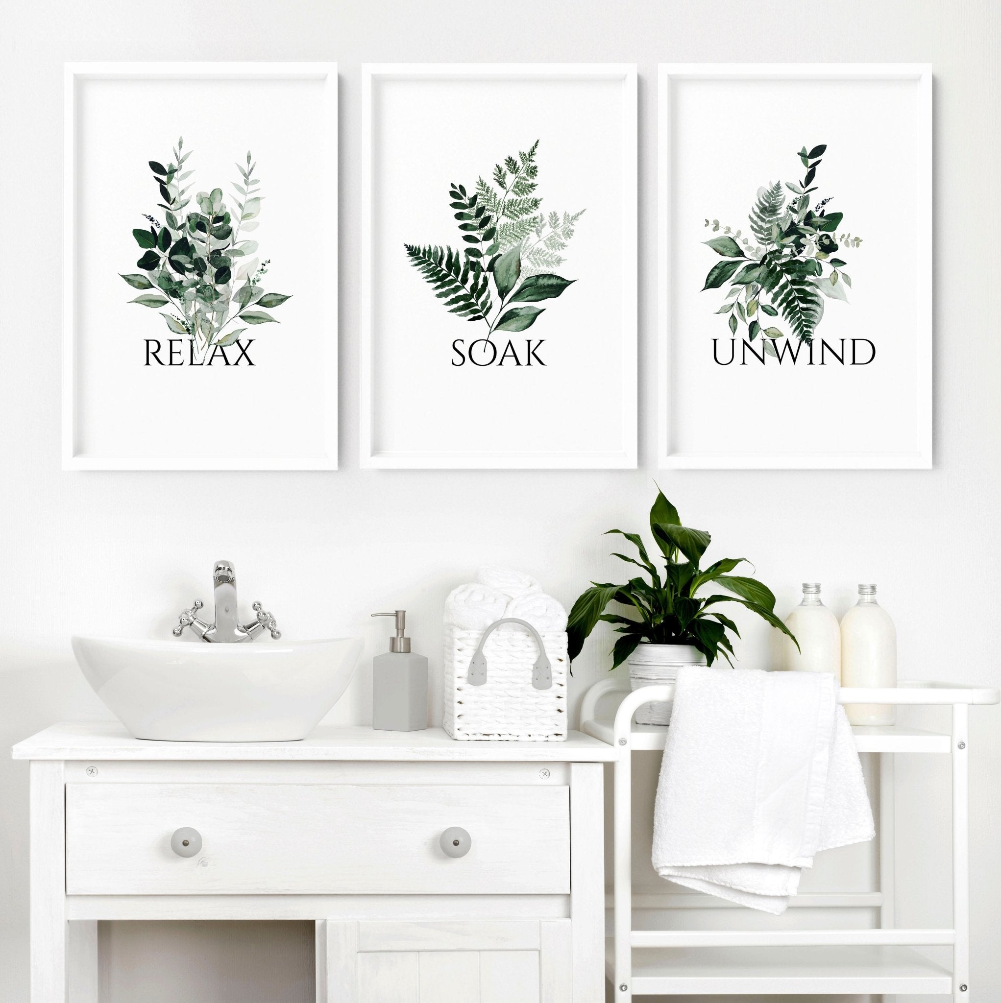 Set of 3 botanical framed wall art prints for bathroom decor, featuring rich green tones and rustic farmhouse style.