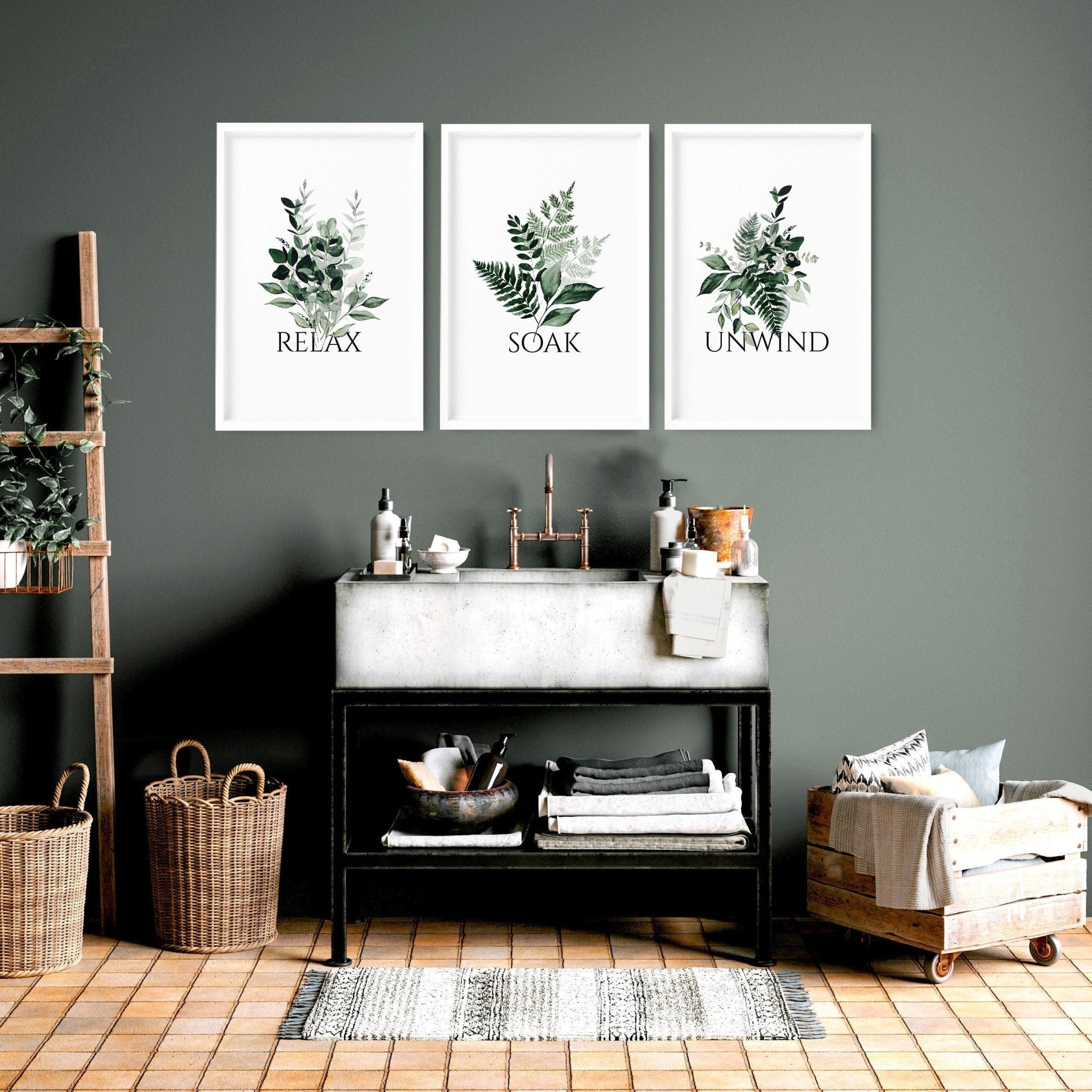 Set of 3 botanical framed wall art prints for bathroom decor, featuring rich green tones and rustic farmhouse style.
