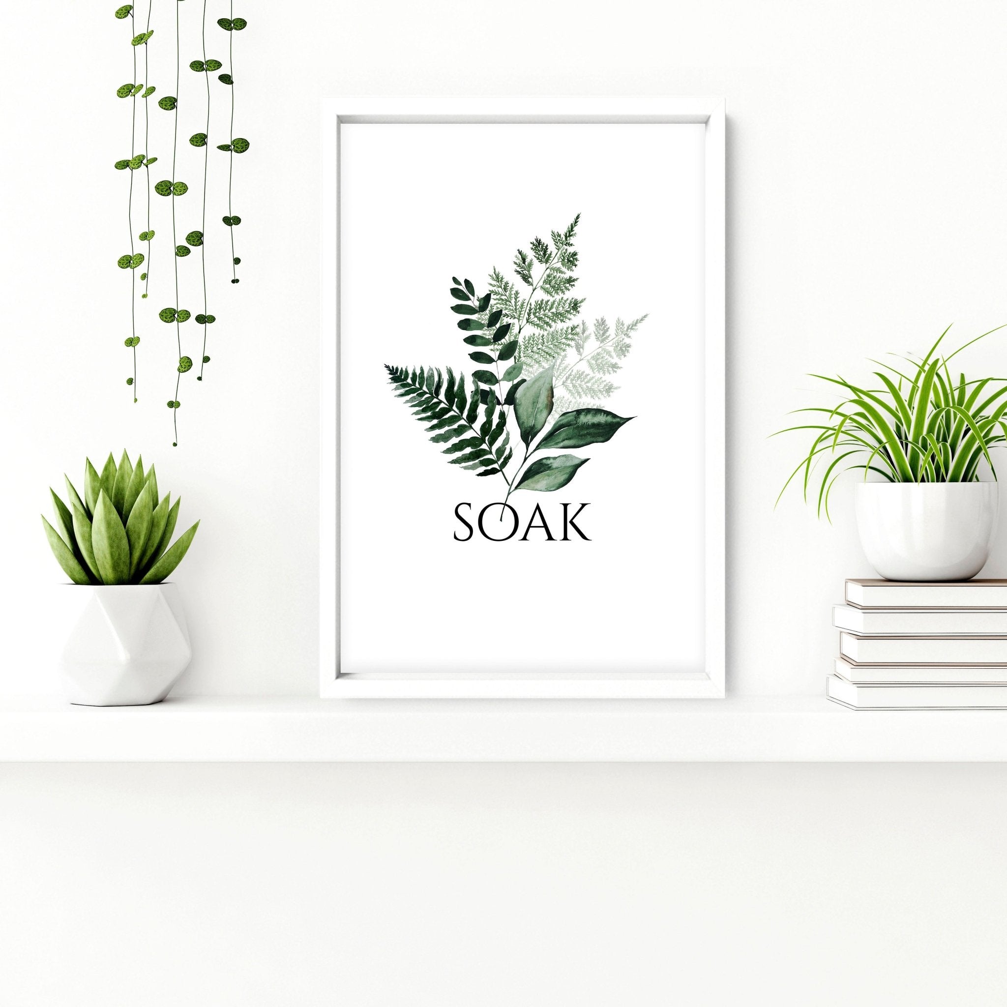 Set of 3 botanical framed wall art prints for bathroom decor, featuring rich green tones and rustic farmhouse style.