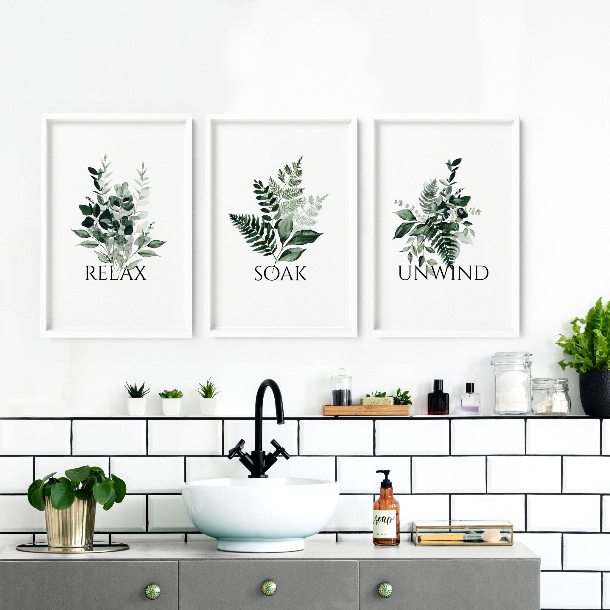Set of 3 botanical framed wall art prints for bathroom decor, featuring rich green tones and rustic farmhouse style.