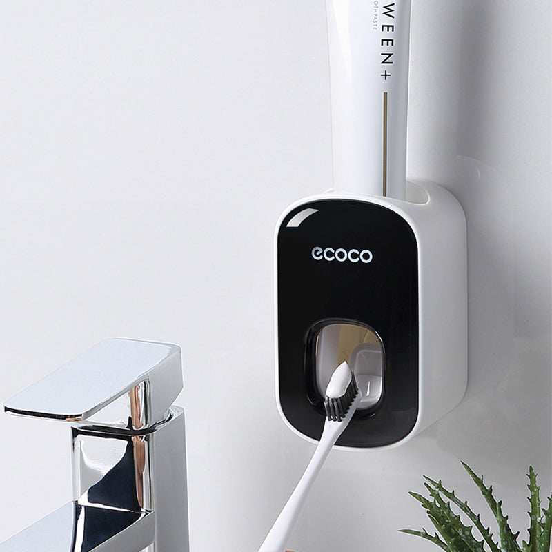 Wall Mounted Automatic Toothpaste Holder with toothbrushes and mouthwash cup, designed for bathroom organization and hygiene.