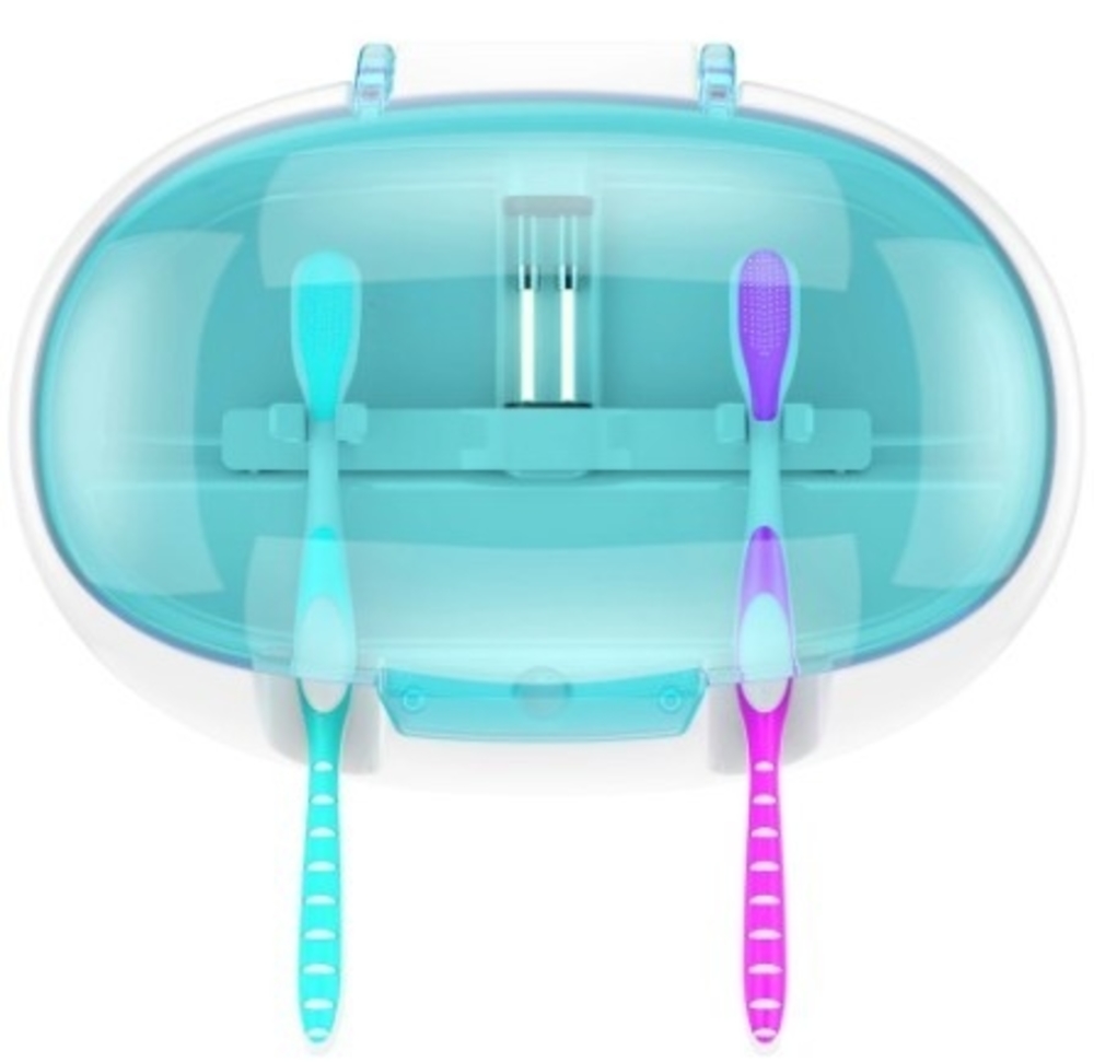 Wall-Mounted UV Light Toothbrush Sanitizer Box in cyan color, designed to hold and sanitize two toothbrushes simultaneously with a sleek and compact design.