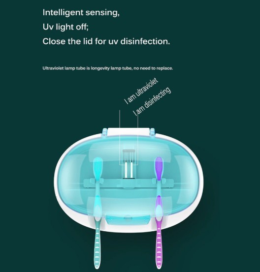 Wall-Mounted UV Light Toothbrush Sanitizer Box in cyan color, designed to hold and sanitize two toothbrushes simultaneously with a sleek and compact design.