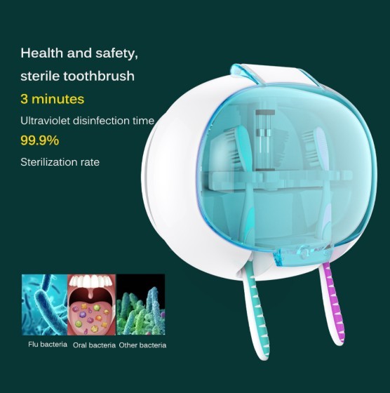 Wall-Mounted UV Light Toothbrush Sanitizer Box in cyan color, designed to hold and sanitize two toothbrushes simultaneously with a sleek and compact design.