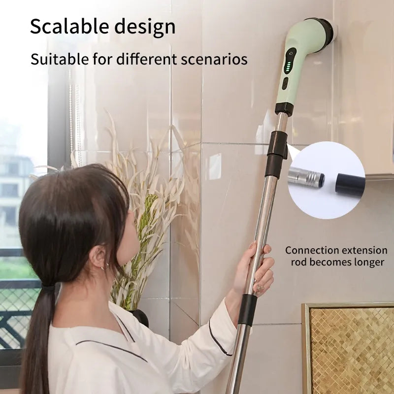 Wireless Electric Cleaning Brush with LED display, designed for efficient cleaning of various surfaces including bathrooms and windows.