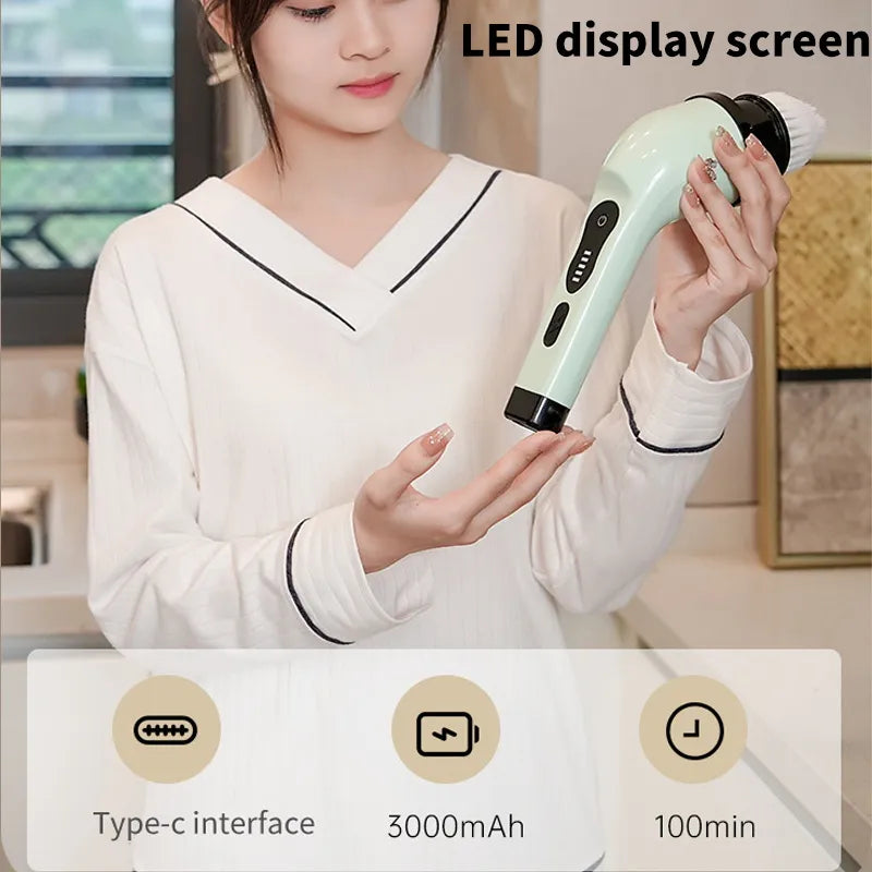Wireless Electric Cleaning Brush with LED display, designed for efficient cleaning of various surfaces including bathrooms and windows.