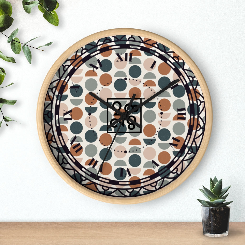 2882Time™ Halves & Wholes Retro Dot Geometric Clock featuring a wooden frame and plexiglass face, showcasing a unique geometric design.