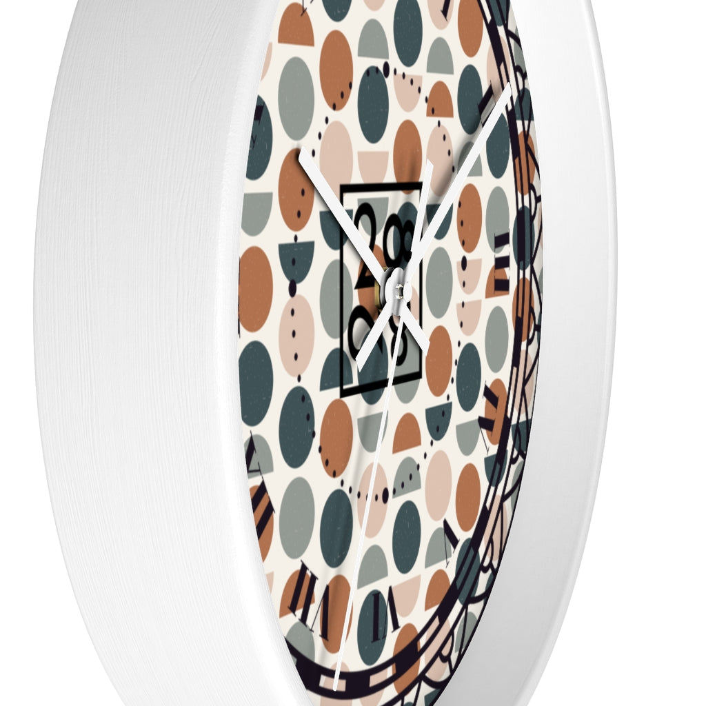 2882Time™ Halves & Wholes Retro Dot Geometric Clock featuring a wooden frame and plexiglass face, showcasing a unique geometric design.
