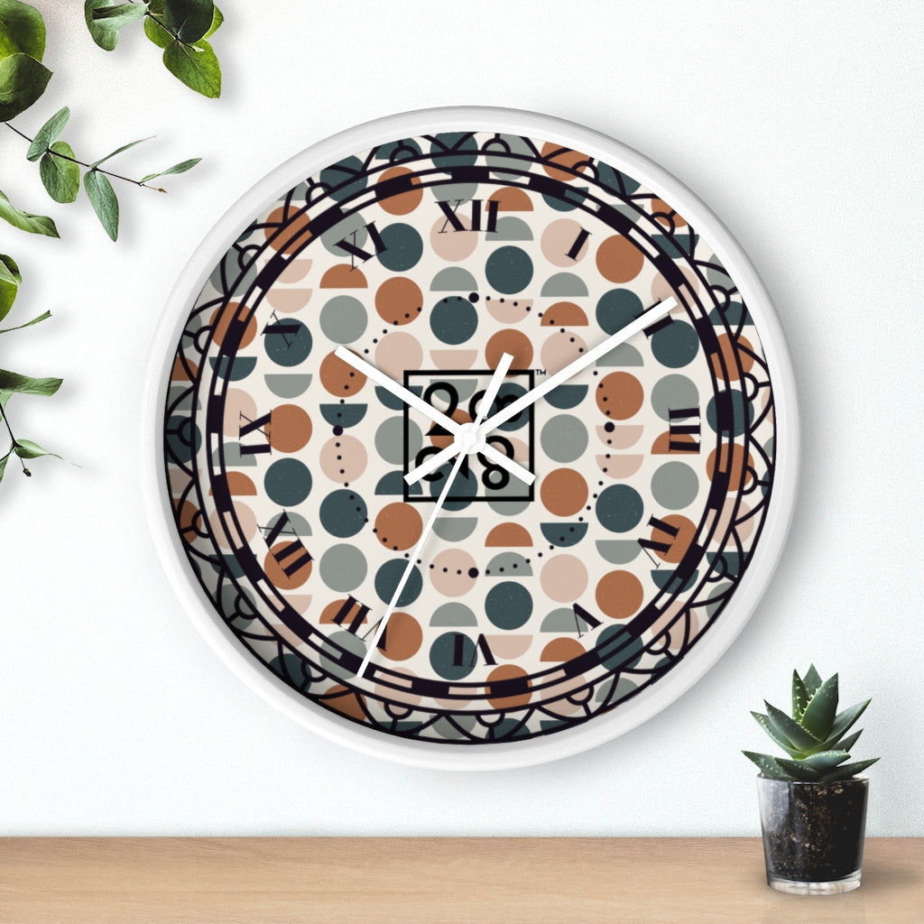 2882Time™ Halves & Wholes Retro Dot Geometric Clock featuring a wooden frame and plexiglass face, showcasing a unique geometric design.