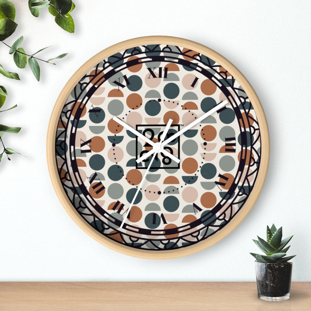 2882Time™ Halves & Wholes Retro Dot Geometric Clock featuring a wooden frame and plexiglass face, showcasing a unique geometric design.