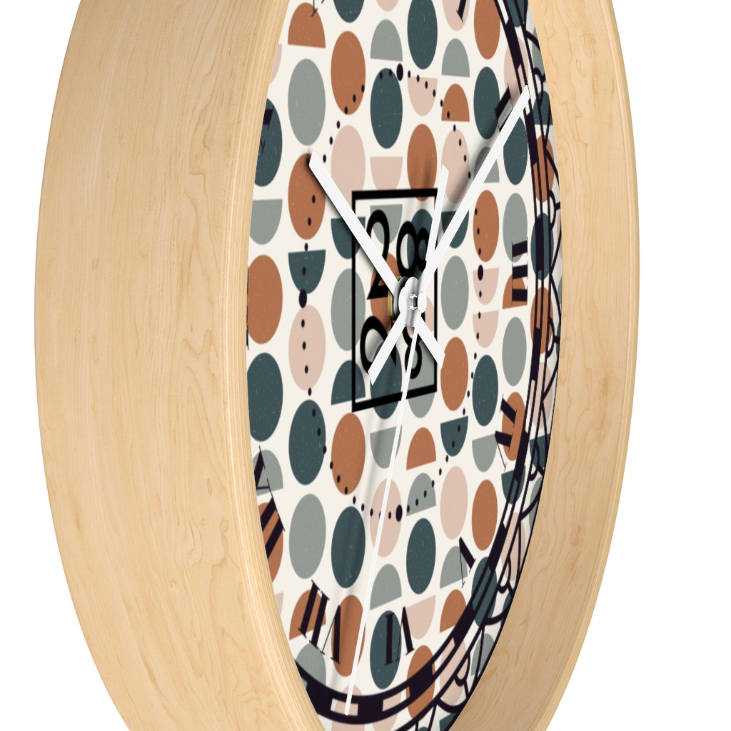 2882Time™ Halves & Wholes Retro Dot Geometric Clock featuring a wooden frame and plexiglass face, showcasing a unique geometric design.