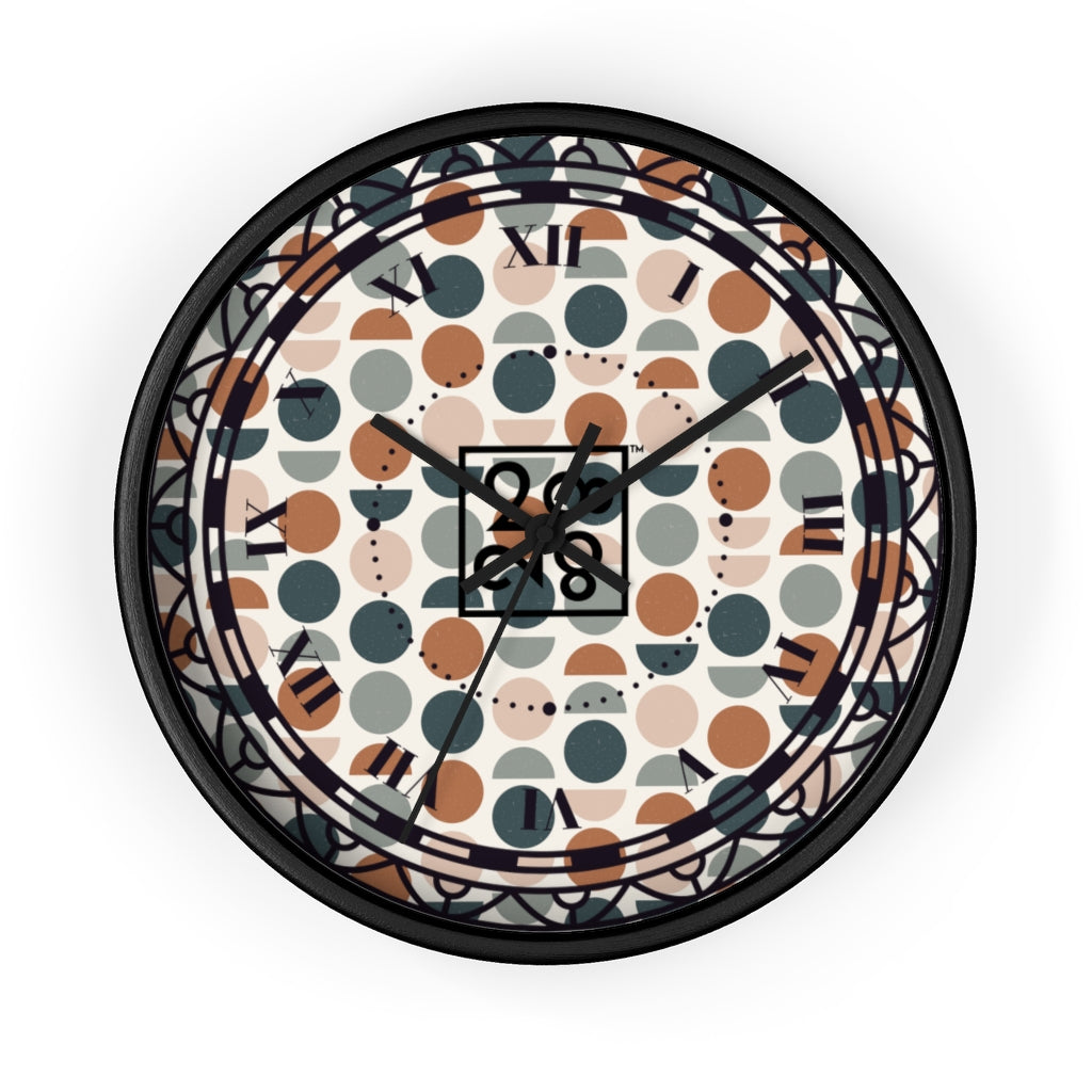 2882Time™ Halves & Wholes Retro Dot Geometric Clock featuring a wooden frame and plexiglass face, showcasing a unique geometric design.