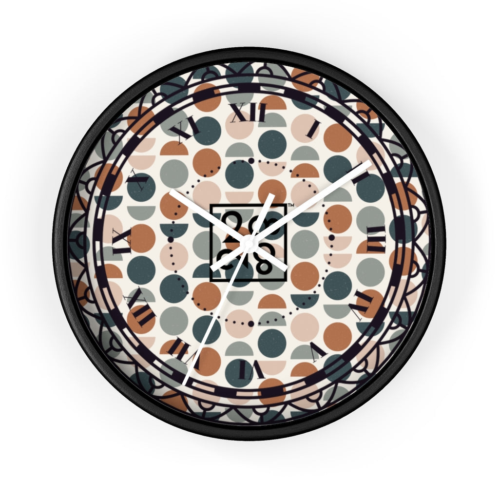 2882Time™ Halves & Wholes Retro Dot Geometric Clock featuring a wooden frame and plexiglass face, showcasing a unique geometric design.