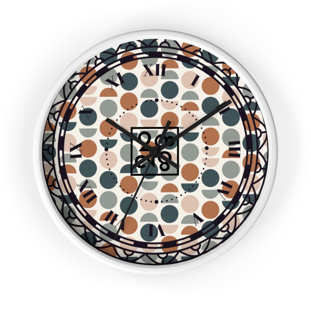 2882Time™ Halves & Wholes Retro Dot Geometric Clock featuring a wooden frame and plexiglass face, showcasing a unique geometric design.