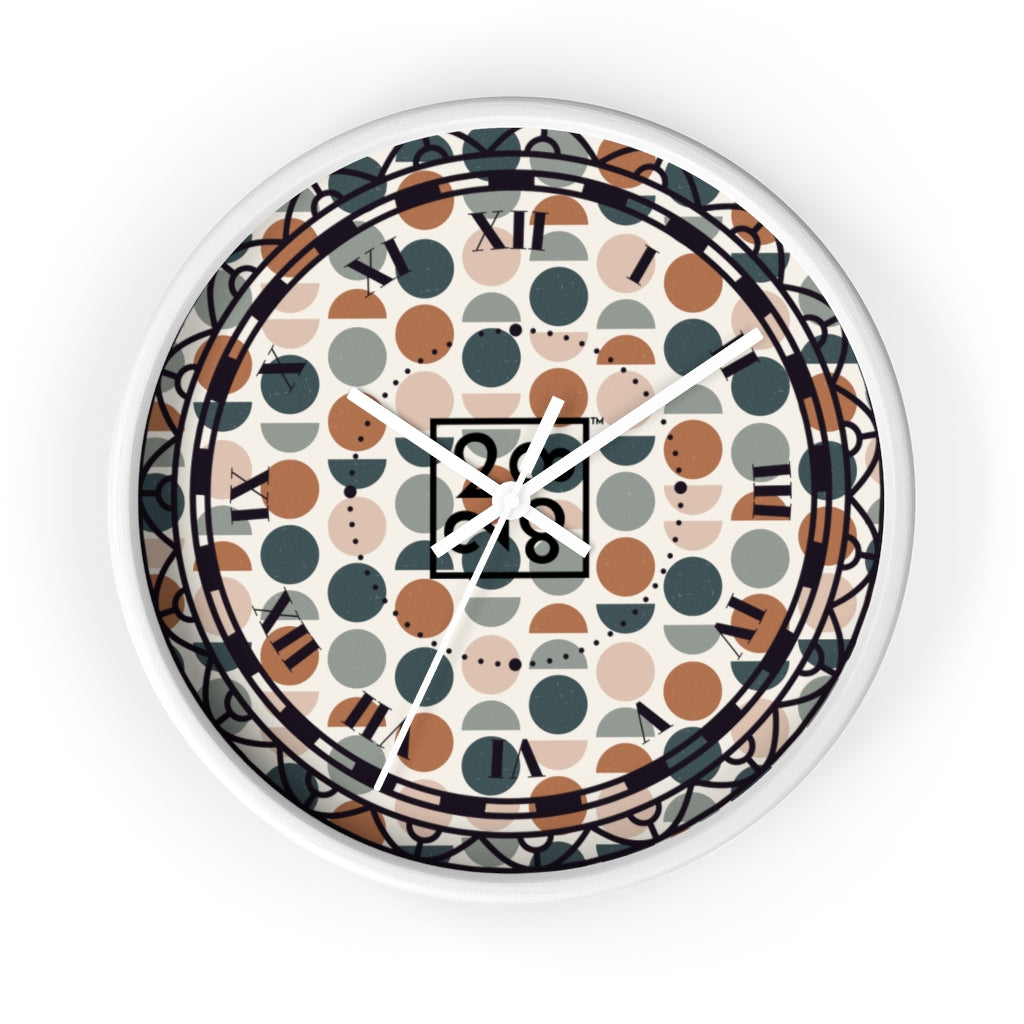 2882Time™ Halves & Wholes Retro Dot Geometric Clock featuring a wooden frame and plexiglass face, showcasing a unique geometric design.