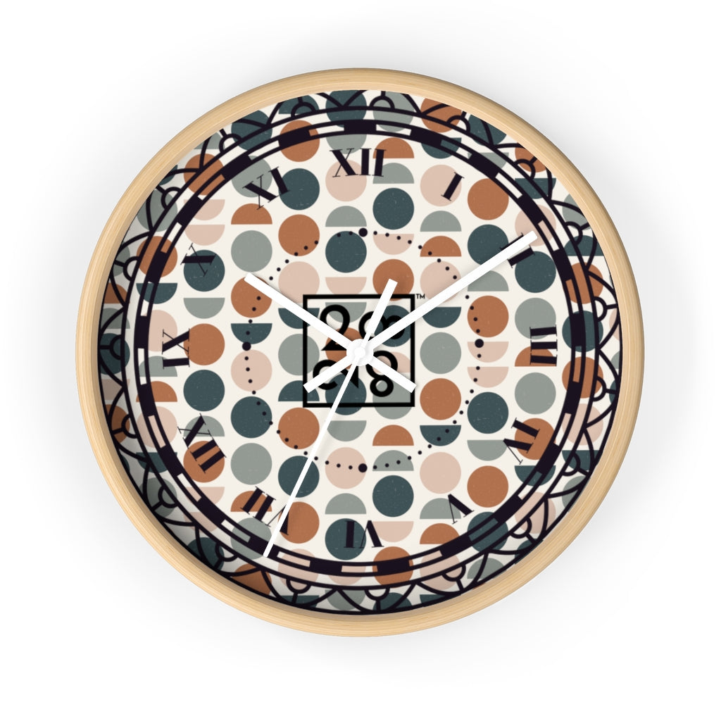 2882Time™ Halves & Wholes Retro Dot Geometric Clock featuring a wooden frame and plexiglass face, showcasing a unique geometric design.