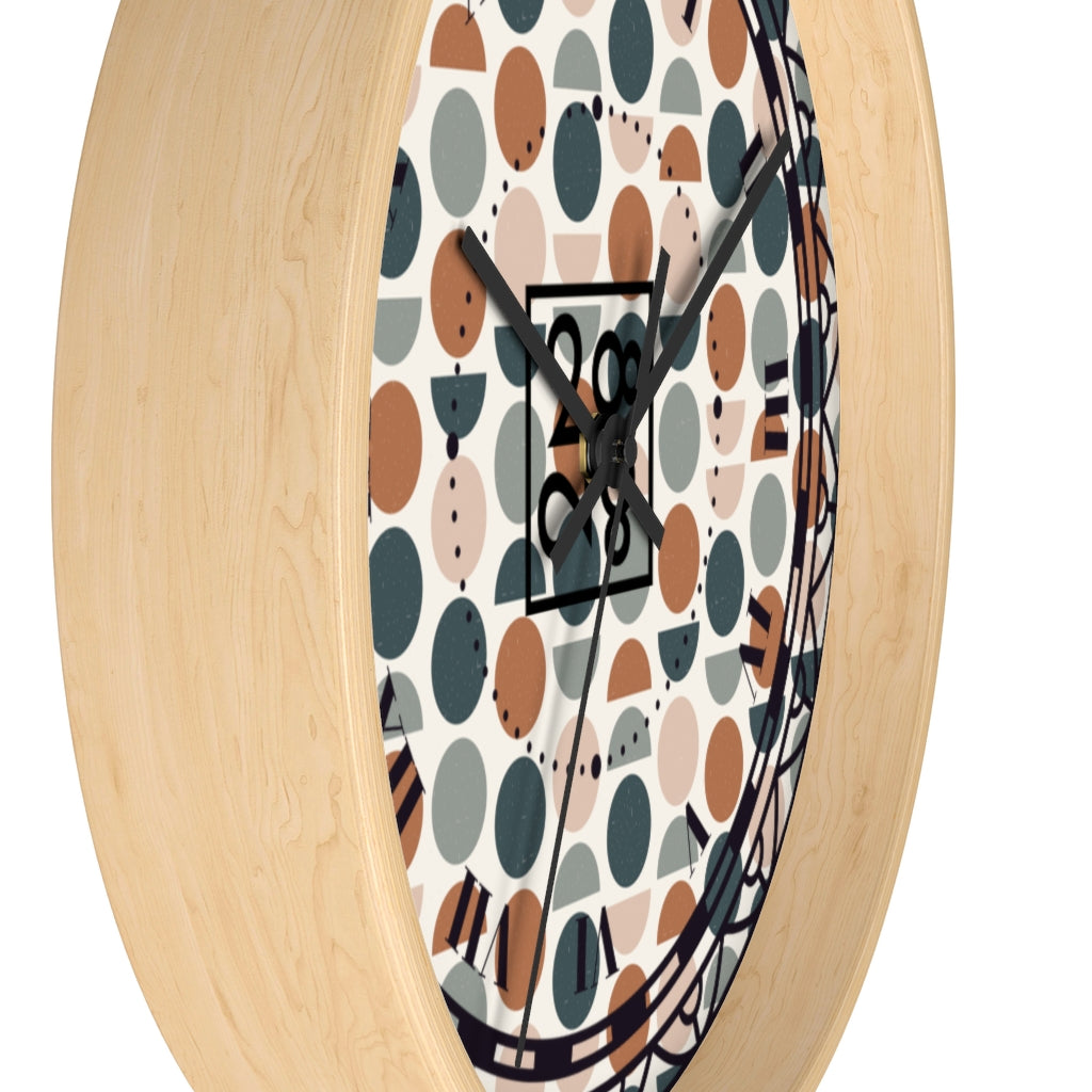 2882Time™ Halves & Wholes Retro Dot Geometric Clock featuring a wooden frame and plexiglass face, showcasing a unique geometric design.