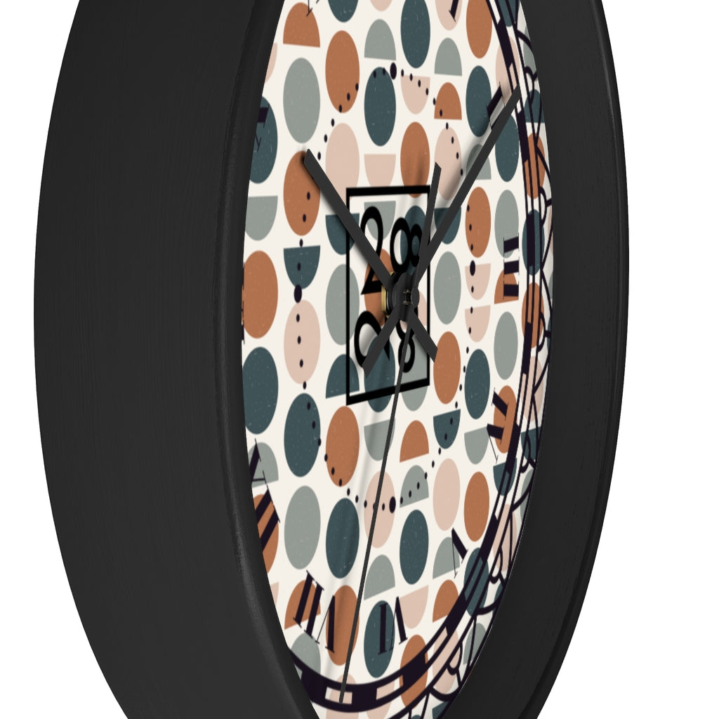 2882Time™ Halves & Wholes Retro Dot Geometric Clock featuring a wooden frame and plexiglass face, showcasing a unique geometric design.