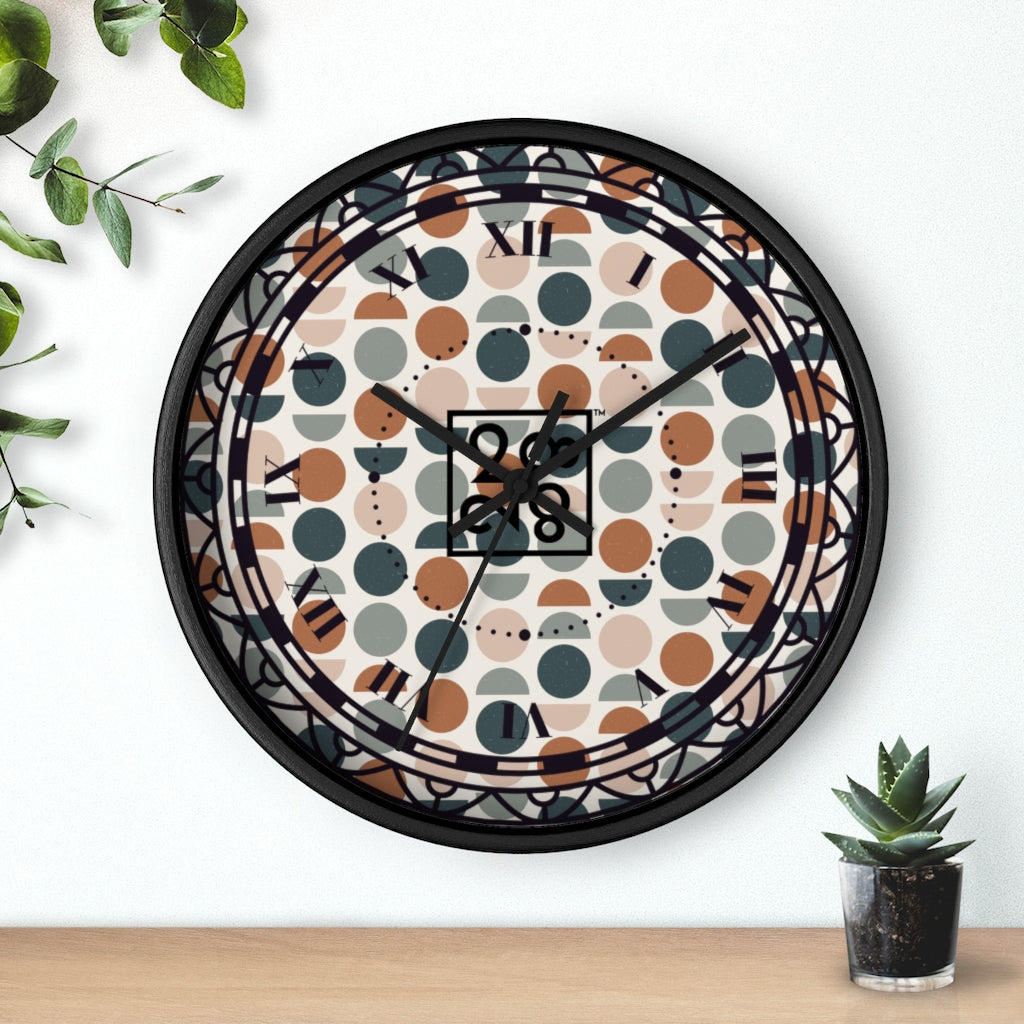 2882Time™ Halves & Wholes Retro Dot Geometric Clock featuring a wooden frame and plexiglass face, showcasing a unique geometric design.