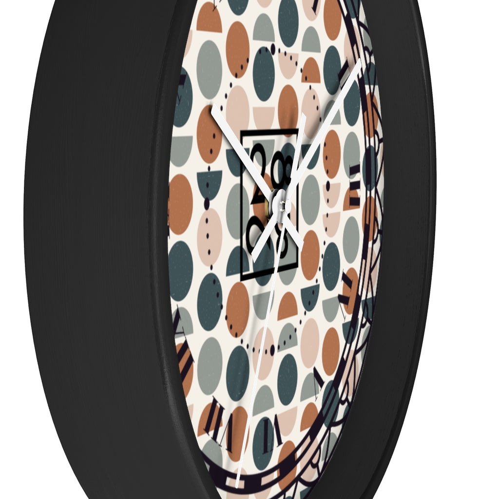 2882Time™ Halves & Wholes Retro Dot Geometric Clock featuring a wooden frame and plexiglass face, showcasing a unique geometric design.