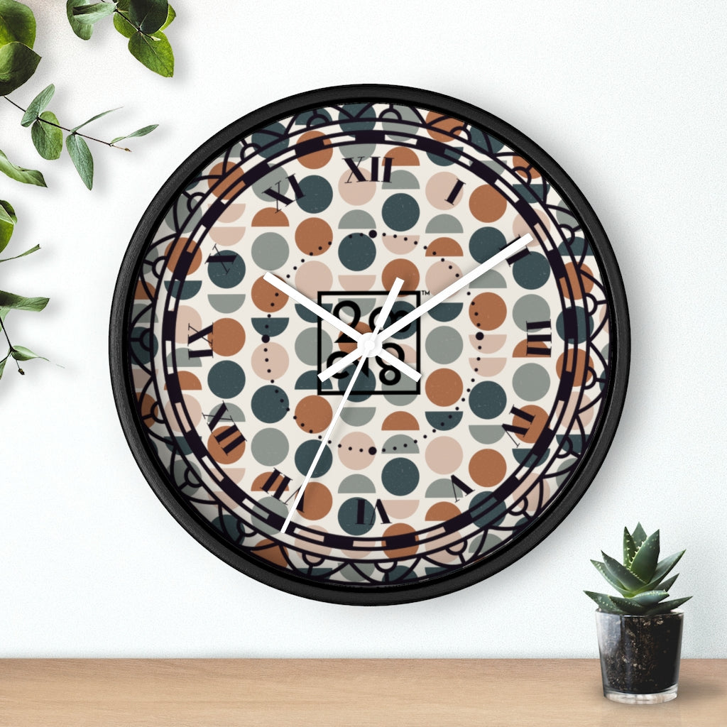 2882Time™ Halves & Wholes Retro Dot Geometric Clock featuring a wooden frame and plexiglass face, showcasing a unique geometric design.