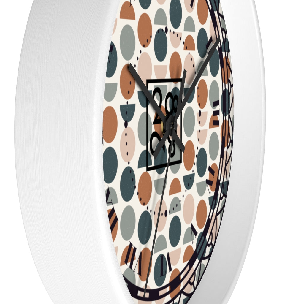 2882Time™ Halves & Wholes Retro Dot Geometric Clock featuring a wooden frame and plexiglass face, showcasing a unique geometric design.