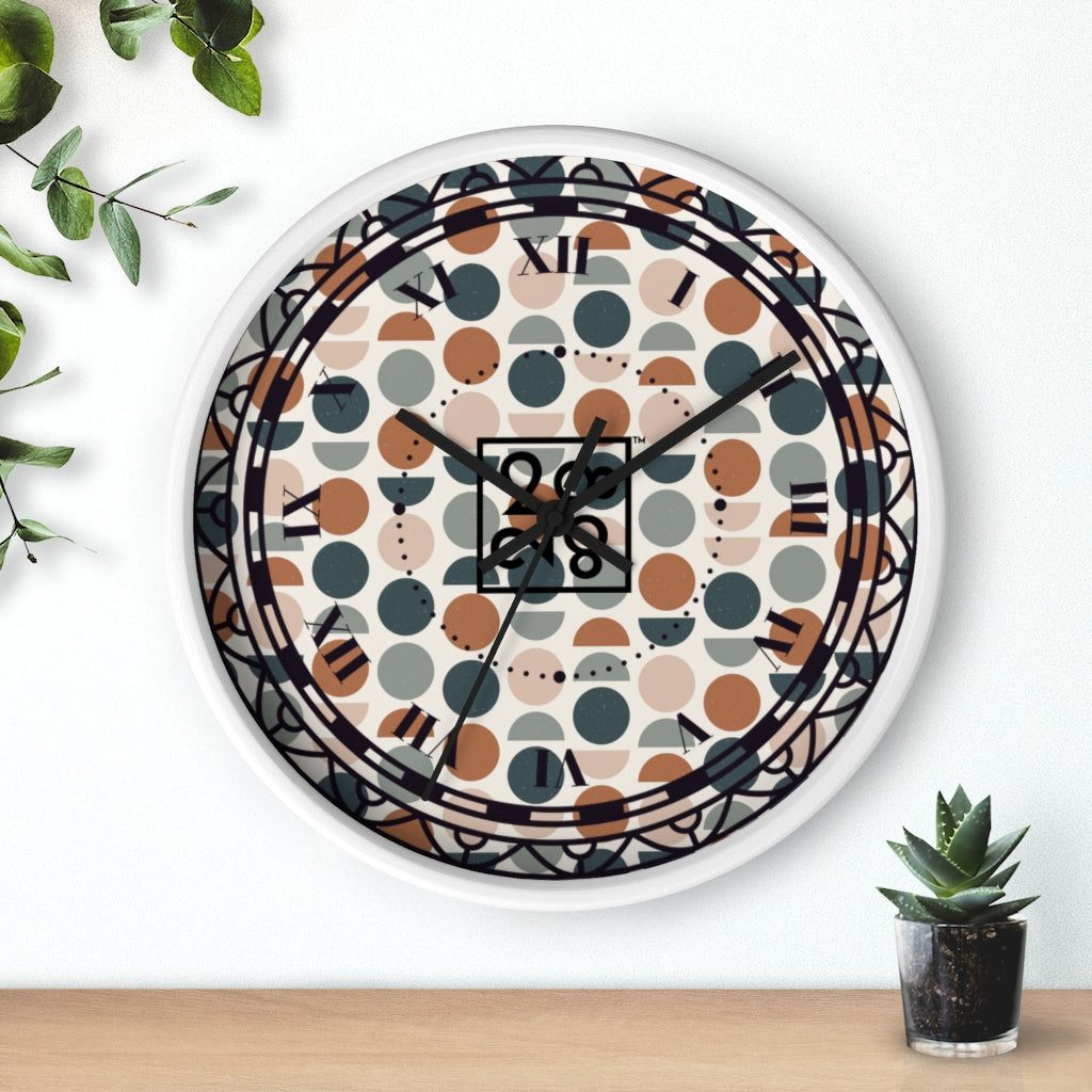 2882Time™ Halves & Wholes Retro Dot Geometric Clock featuring a wooden frame and plexiglass face, showcasing a unique geometric design.